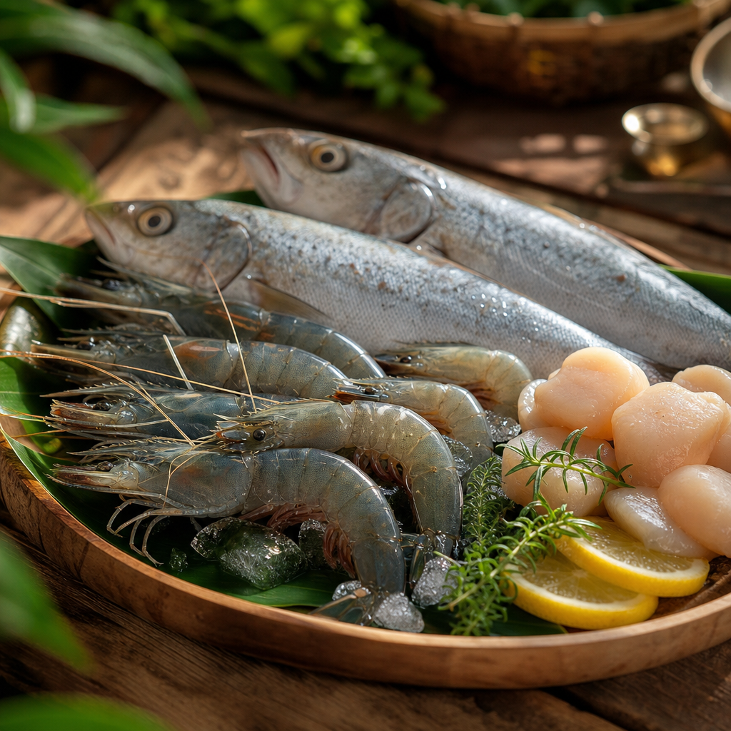 Premium seafood products from Naturale Farm — fresh fish and shrimp