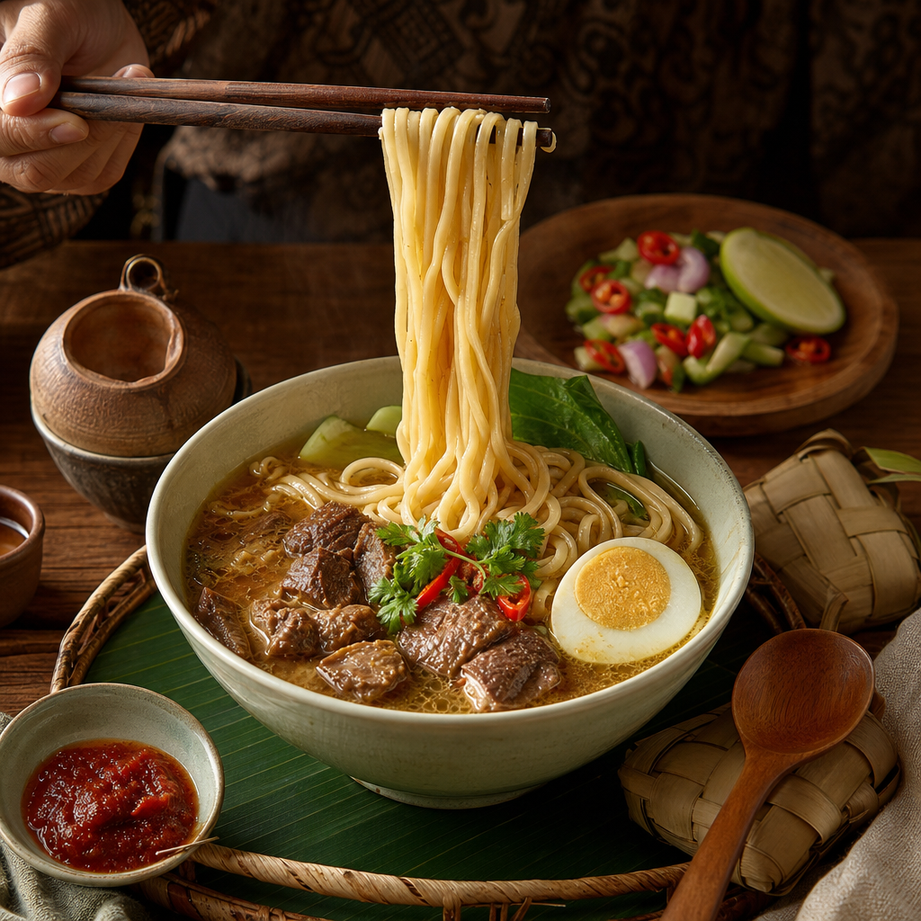 Proses menarik mee dengan tangan di dapur Mee Tarik Asli